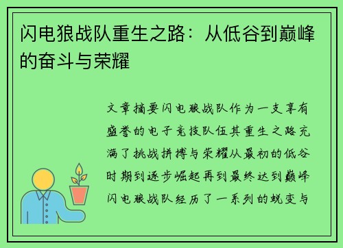 闪电狼战队重生之路:从低谷到巅峰的奋斗与荣耀