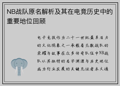 NB战队原名解析及其在电竞历史中的重要地位回顾